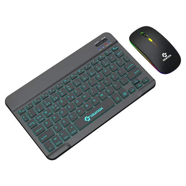 Gravion Km-Bt35 Işıklı Bluetooth Kablosuz Klavye Mouse Seti Siyah, Şarjlı Türkçe Q, Tablet Telefon Laptop Uyumlu, Sessiz Mini Combo - Görsel 6