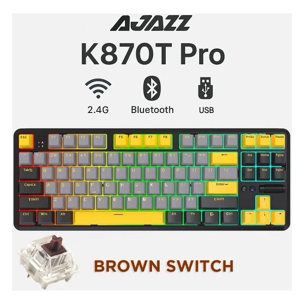 Ajazz K870T Pro Siyah RGB TKL Brown Switch Kablolu/Kablosuz Mekanik Oyuncu Klavyesi - Görsel 6