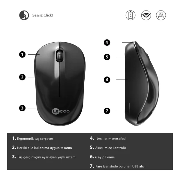 Lenovo Lecoo Ws206 Siyah Ergonomik Optik Kablosuz Mouse - Görsel 6