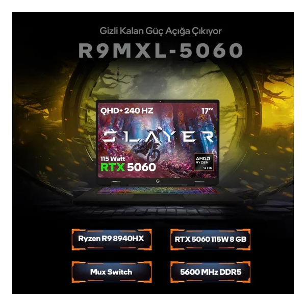Game Garaj Slayer R9MXL-5060 C2 Ryzen 9 8940HX 32 GB 1 TB SSD RTX5060 17" WQXGA Gaming Laptop - Görsel 3
