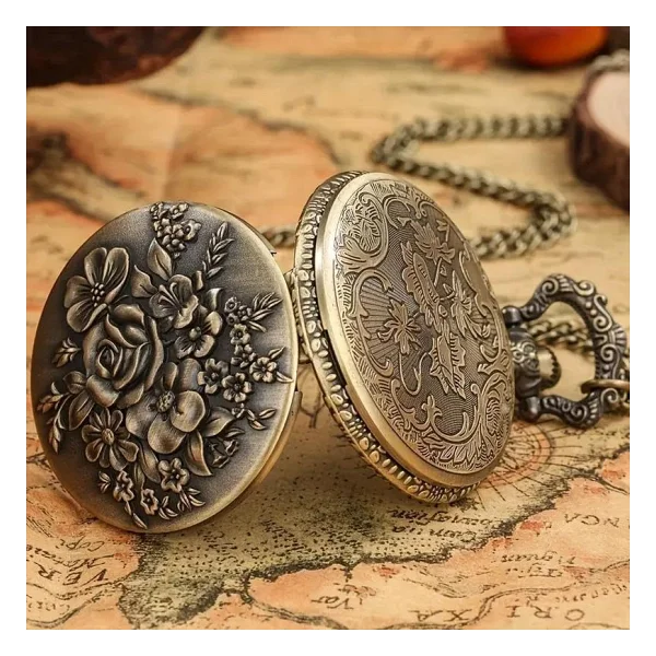 Valkyrie Zarif Kabartma Çiçek Desenli Vintage Bronz Cep Saati - Kolye Köstekli Retro Hediye - Görsel 10