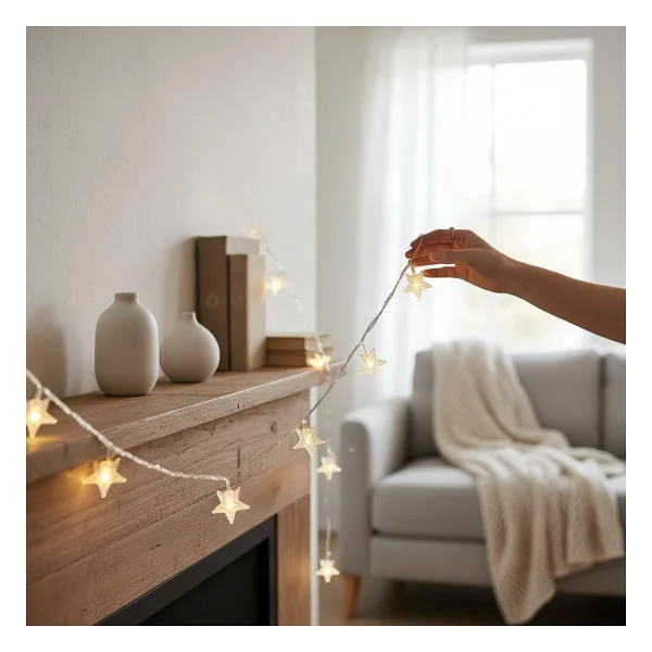Coverzone LED Işıklı 28'li Yıldız Işık Zinciri Dekoratif Fişli Aydınlatma Ev Dekorasyonu Süsleme Salon Oda Merdiven Balkon Süslemeleri İçin Yılbaşı Eğlence Doğum Günlerine Özel Aydınlatma (10 Metre) - Görsel 3