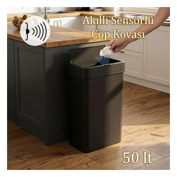 Porsima Me-05-1 Hareket Sensörlü Sessiz Kapatma Çöp Kutusu Banyo Mutfak Çöp Kovası Kapaklı Banyo Çöp Kovası 2 Adet Aa Pil Siyah 50lt - Görsel 2