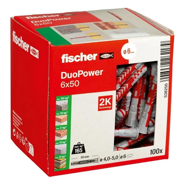 fischer DuoPower 8 x 40, evrensel dübel, güçlü 2 bileşenli dübel, beton, tuğla, taş, alçı yapı plakaları vb. sabitlemek için plastik dübel, vidasız, 100 adet - Görsel 9