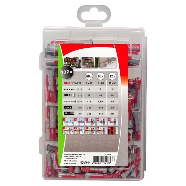 fischer PROFI-BOX DUOPOWER, 132 dübelli dübel kutusu (60 adet 6 x 30, 60 adet 8 x 40, 12 adet 10 x 50), evrensel dübel, pratik set, amatör ve profesyoneller için dübel kutusu, vidasız - Görsel 3
