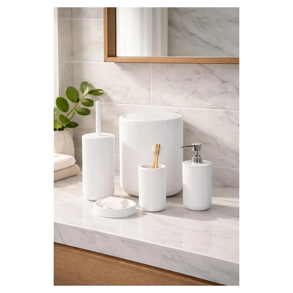 Perotti 33031500001-1 5 Parça Yuvarlak Banyo Seti - Çöp Kovası, Sabunluk, Diş Fırçalığı Ve Silikon Wc Fırçası Beyaz - Görsel 2