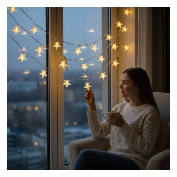 Coverzone LED Işıklı 28'li Yıldız Işık Zinciri Dekoratif Fişli Aydınlatma Ev Dekorasyonu Süsleme Salon Oda Merdiven Balkon Süslemeleri İçin Yılbaşı Eğlence Doğum Günlerine Özel Aydınlatma (10 Metre) - Görsel 6