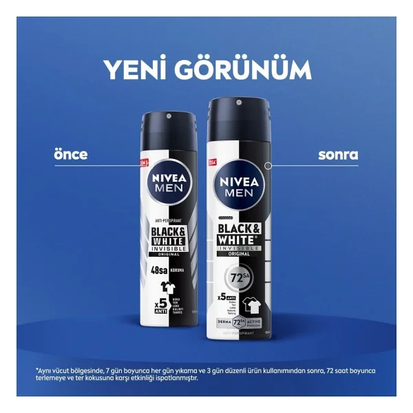 NIVEA MEN Erkek Sprey Deodorant Black & White Invisible Original 150ml, 72 Saat Anti-Perspirant, X5 Adet - Görsel 2