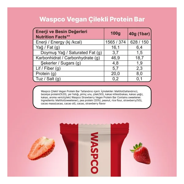 Waspco Vegan Çilekli Protein Bar 40g - Görsel 2