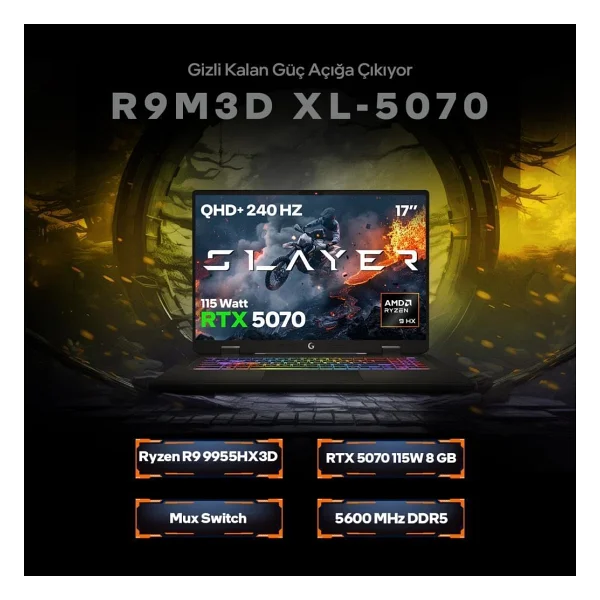 Game Garaj Slayer R9m3d XL-5070 C2 Ryzen 9 9955hx3d 32 GB 1 TB SSD Rtx5070 17" Wqxga Gaming Laptop - Görsel 3