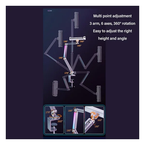 Coverzone P67h Profesyonel Ayarlanabilir LED Işıklı Uzun Kollu Alüminyum Masaüstü 14.6 Inç Kadar Uyumlu iPad İle Uyumlu Tablet Stant Ve Tutucu Cantilever Kol Tasarım, 360° Döner, Tablet Standı - Görsel 9