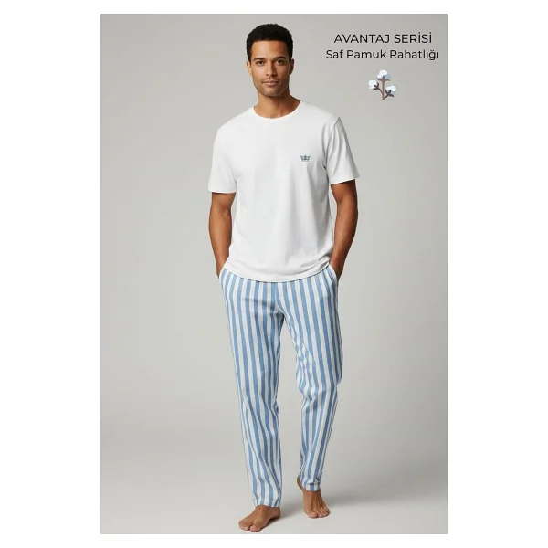 Mısırlı Organıc Erkek Pijama Takımı Çizgili%100 Pamuklu Rahat Kesim Kısa Kollu Tişört Pantolon Takımı - Görsel 4