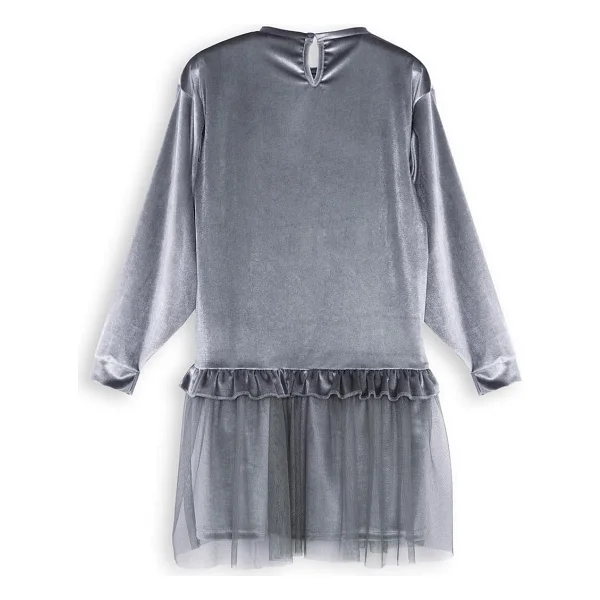 Denokids Leopar Cepli Kız Çocuk Gri Kadife Elbise - Görsel 5