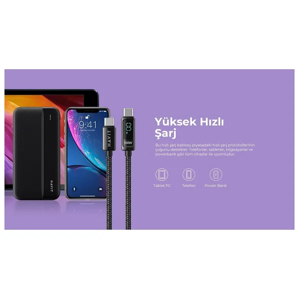 Havit Cb6247 Pd100w 2 M Type-C To Type-C Hızlı Şarj Kablosu - Görsel 9