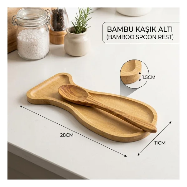 Deconox%100 Doğal Bambu Kaşık Ve Kepçe Altlığı - Ocak Yanı Tezgah Üstü Kirli Kaşıklık (28x11x1.5 Cm) - Görsel 2
