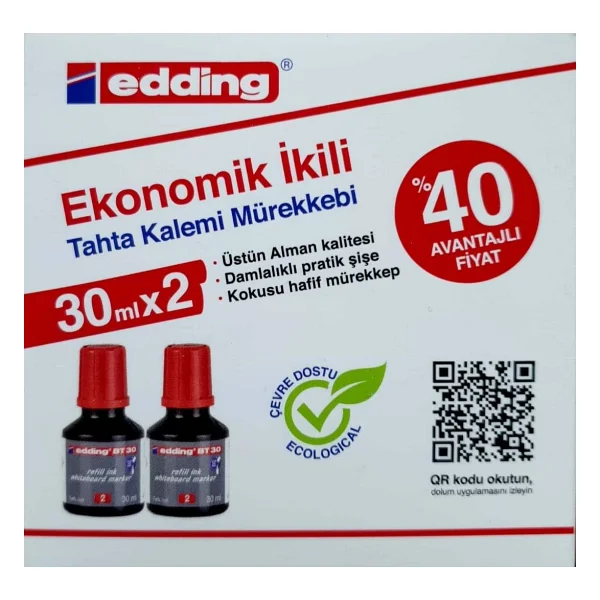 Edding BT 30 beyaz yazı tahtası kalemi yedek mürekkep 2'li kutu, kırmızı - Görsel 2