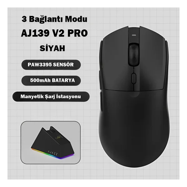 Ajazz Aj139 V2 MC Siyah Şarjlı Optik Kablolu/Kablosuz Oyuncu Mouse - Görsel 2