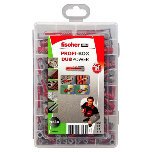 fischer PROFI-BOX DUOPOWER, 132 dübelli dübel kutusu (60 adet 6 x 30, 60 adet 8 x 40, 12 adet 10 x 50), evrensel dübel, pratik set, amatör ve profesyoneller için dübel kutusu, vidasız - Görsel 2
