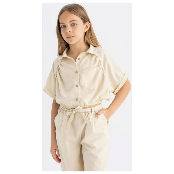 DeFacto Kız Çocuk Cropped Fit Pamuklu Kısa Kollu Gömlek - Görsel 4