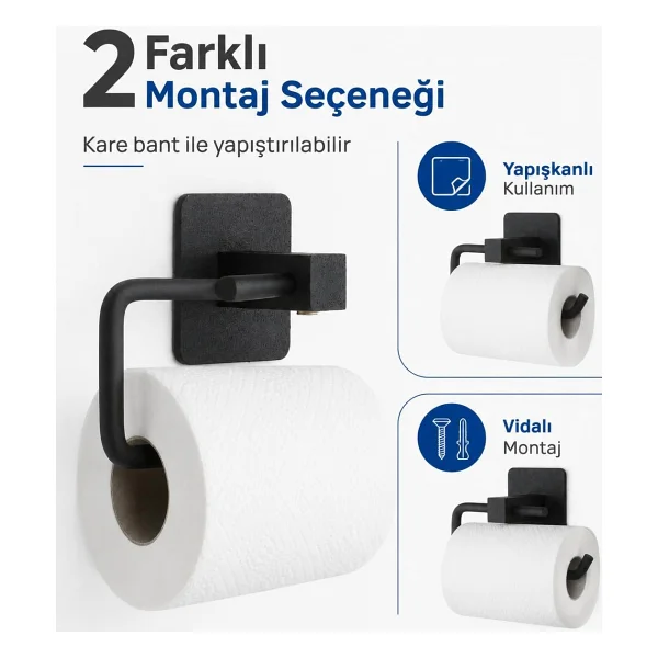 Alper Banyo Yapışkanlı Siyah Kare Açık Tuvalet Kağıtlığı Wc Kağıtlık Tuvalet Kağıdı Askısı - Görsel 3