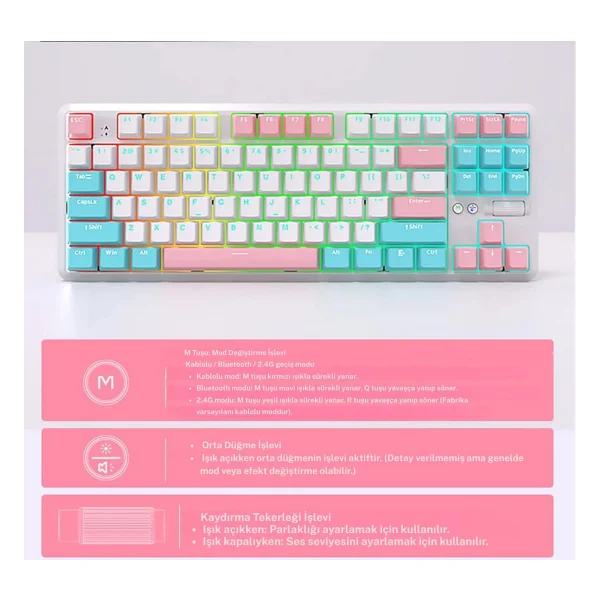 Ajazz K870t Pro Beyaz RGB Tkl Red Switch Kablolu/Kablosuz Mekanik Oyuncu Klavyesi - Görsel 3