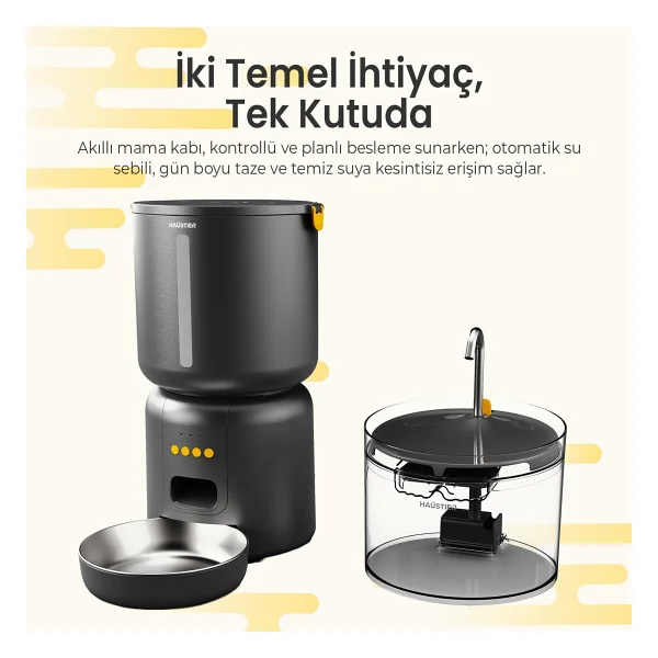 Haustier Fw3 Siyah Otomatik App Kontrollü Akıllı Kedi Mama Kabı & Otomatik Kedi Su Pınarı 2'li Set - Akıllı Beslenme İstasyonu - Görsel 2