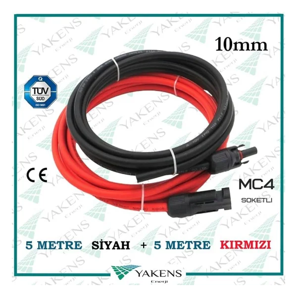 Mc4 Soketli 5m+5m 10 Metre 10mm Güneş Paneli Hazır Solar Kablo Siyah Kırmızı - Görsel 2