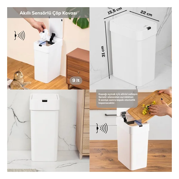 Porsima Me-06 Hareket Sensörlü 9lt Sessiz Banyo Mutfak Çöp Kovası Beyaz - Görsel 8