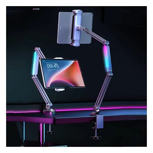 Coverzone P67h Profesyonel Ayarlanabilir LED Işıklı Uzun Kollu Alüminyum Masaüstü 14.6 Inç Kadar Uyumlu iPad İle Uyumlu Tablet Stant Ve Tutucu Cantilever Kol Tasarım, 360° Döner, Tablet Standı - Görsel 2