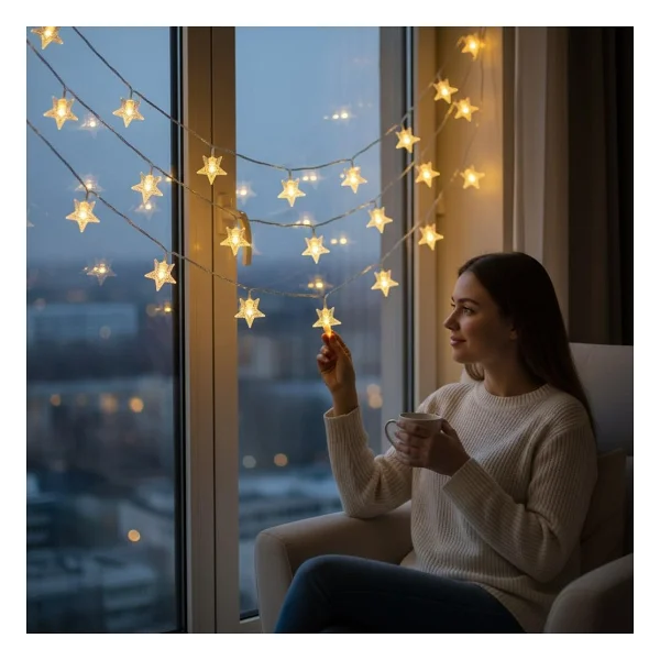 Coverzone 10 Metre 60 Ledli Yıldız Işık Zinciri Dekoratif Fişli Sıcak Sarı Led Aydınlatma Ev Oda Balkon Duvar Pencere Yılbaşı Parti ve Doğum Günü Süslemeleri - Görsel 2