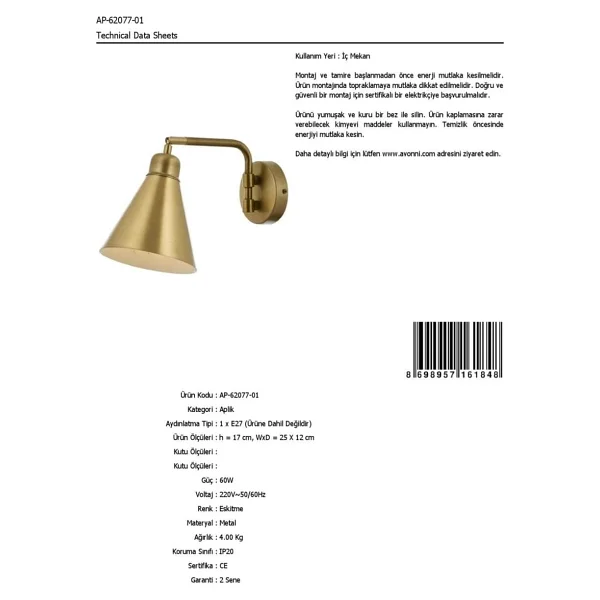 Avonnı Ap-62077-01 Eskitme Kaplama Aplik E27 Metal 25x12cm - Görsel 4