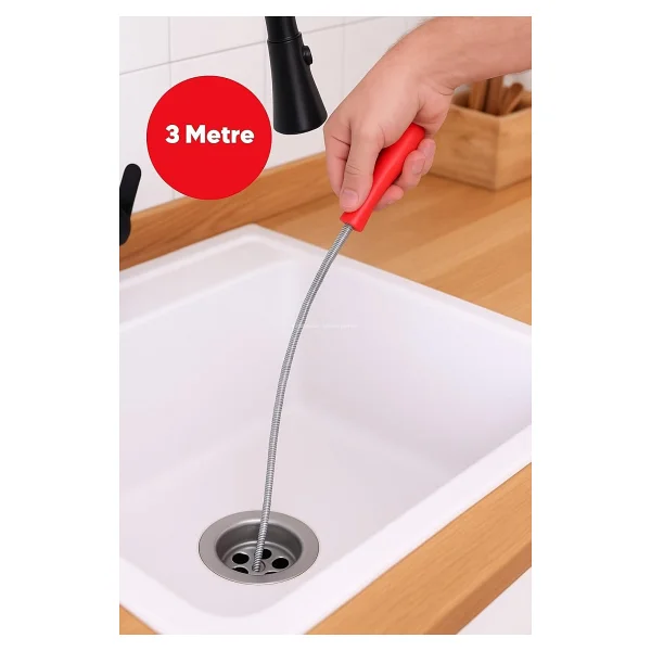Eltos Lavabo Açma Teli, 6 mm Kalınlık, Dayanıklı Metal Tel, Lavabo ve Gider Borusu Açacağı, Tıkanıklık Giderici, Spiral Tel, Ergonomik Sap, Kolay Kullanım, Lavabo, Tuvalet, Banyo, Gider Açıcı (3 M) - Görsel 2