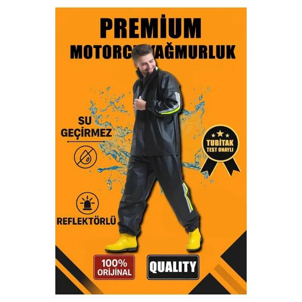 Premium Motorcu Kurye Yağmurluk Takım Su Geçirmez Pvc Kumaş Reflektörlü Tübitak Onaylı - Siyah - Görsel 9