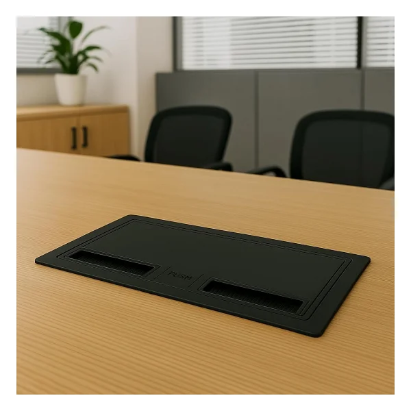 Masa Üstü Kapaklı Priz Kutusu - 2 Şebeke, 2 Ups, 1 Data Prizi Dahil - Abs Kırılmaz Siyah Plastik - Gömme Tip - 12,5x25,2 Cm Kesim - 14,2x27 Cm Dış Çap Ne-Ad - Görsel 2