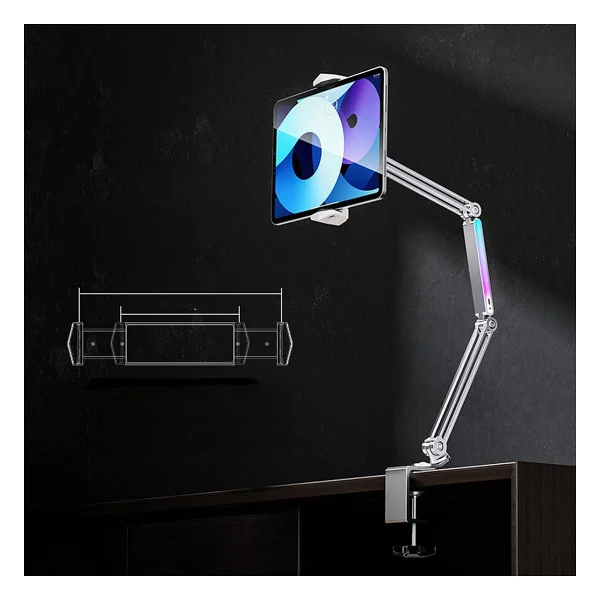 Coverzone P67h Profesyonel Ayarlanabilir LED Işıklı Uzun Kollu Alüminyum Masaüstü 14.6 Inç Kadar Uyumlu iPad İle Uyumlu Tablet Stant Ve Tutucu Cantilever Kol Tasarım, 360° Döner, Tablet Standı - Görsel 4