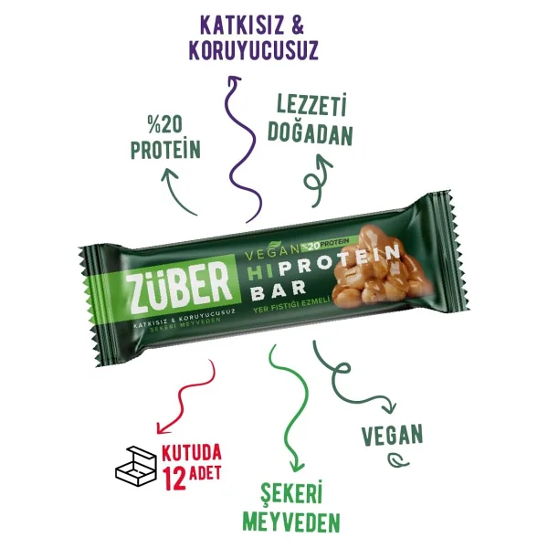 Züber Vegan Fıstık Ezmeli Yüksek Protein Bar 45g x 12 Adet - Görsel 4