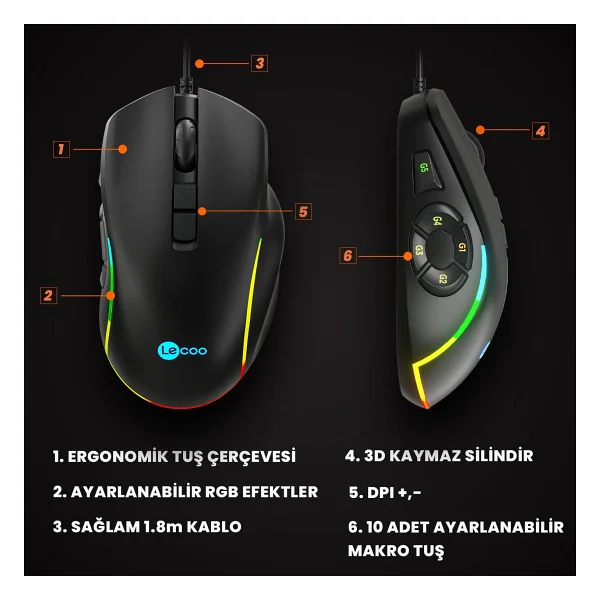 Lenovo Lecoo Ms140 RGB Ergonomik Makrolu Optik Kablolu Oyuncu Mouse - Görsel 8