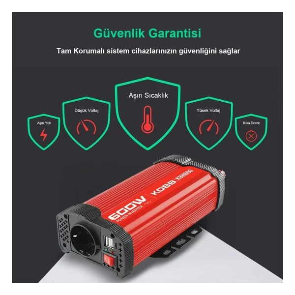 Kobb Kbn600 12V/220V 600W Modifiye Sinüs Dönüştürücü İnvertör - Araç İçi Elektrik Dönüştürücü, Usb Çıkışlı - Görsel 10