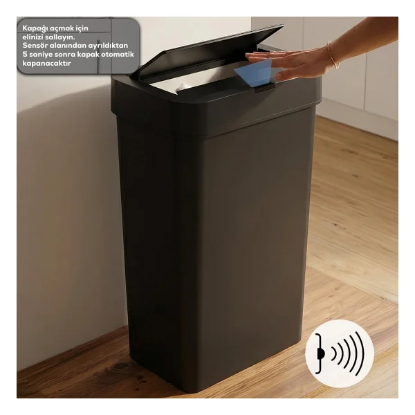 Porsima Me-05-1 Hareket Sensörlü Sessiz Kapatma Çöp Kutusu Banyo Mutfak Çöp Kovası Kapaklı Banyo Çöp Kovası 2 Adet Aa Pil Siyah 50lt - Görsel 3