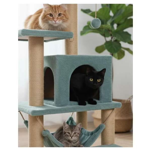 Reyo Pet B-07 Hamaklı Yuvalı Lüx Kedi Tırmalama Oyun Evi Turkuaz - Görsel 2