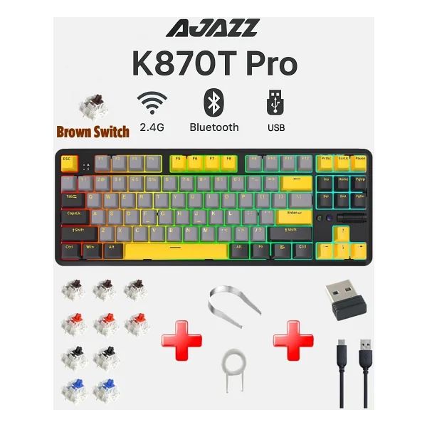 Ajazz K870T Pro Siyah RGB TKL Brown Switch Kablolu/Kablosuz Mekanik Oyuncu Klavyesi - Görsel 7