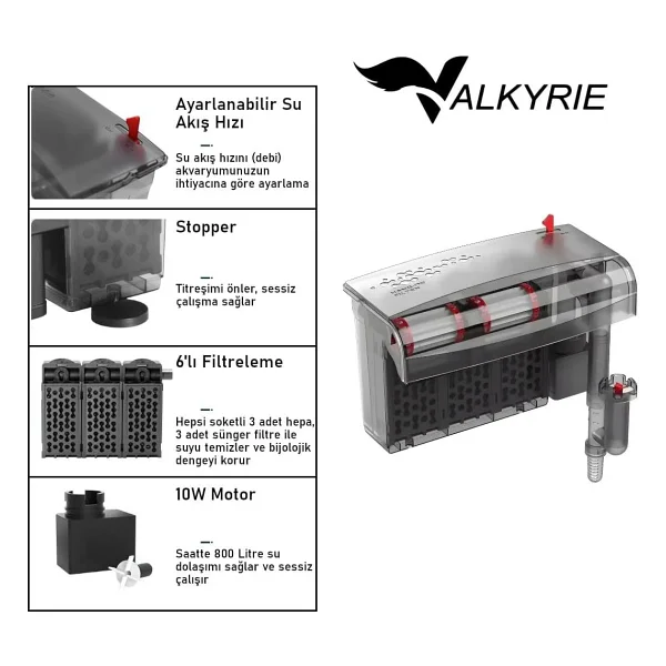 Valkyrie Askılı Akvaryum Şelale Filtre 10w 800 L/H 6'lı Filtre Yüzey Temizleyici - Görsel 2