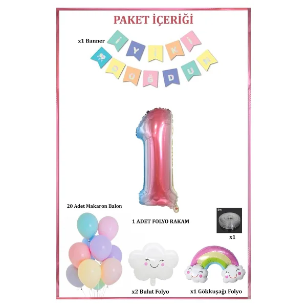 1 Yaş Gökkuşağı Bulut Konsepti Doğum Günü Parti Kutlama Seti - Görsel 3
