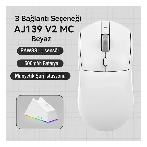 Ajazz Aj139 V2 MC Beyaz Şarjlı Optik Kablolu/Kablosuz Oyuncu Mouse - Görsel 2