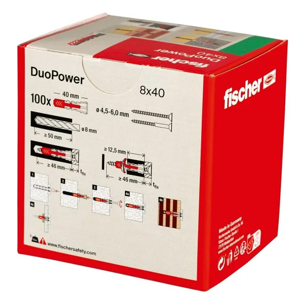 fischer DuoPower 8 x 40, evrensel dübel, güçlü 2 bileşenli dübel, beton, tuğla, taş, alçı yapı plakaları vb. sabitlemek için plastik dübel, vidasız, 100 adet - Görsel 3