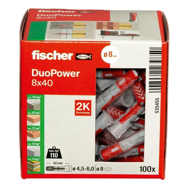 fischer DuoPower 8 x 40, evrensel dübel, güçlü 2 bileşenli dübel, beton, tuğla, taş, alçı yapı plakaları vb. sabitlemek için plastik dübel, vidasız, 100 adet - Görsel 2