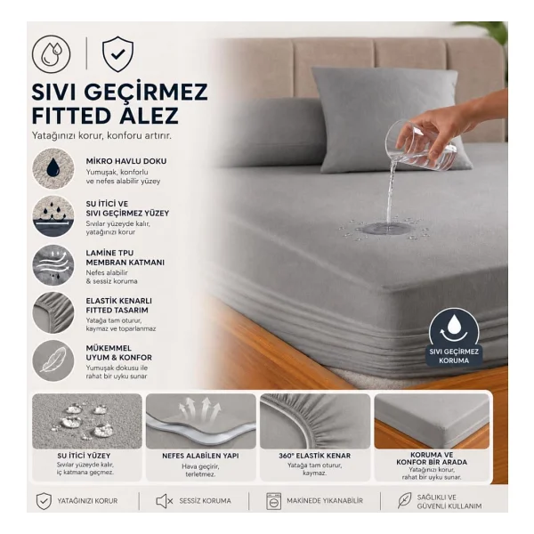 FORMEYA Gri Sıvı Geçirmez Alez - Tek-Çift Kişilik Alez - Mikrofiber Kumaş - Fitted(Yatağı Saran) Alez - Yatak Koruyucu Alez-Çarşaf(150x200) - Görsel 3