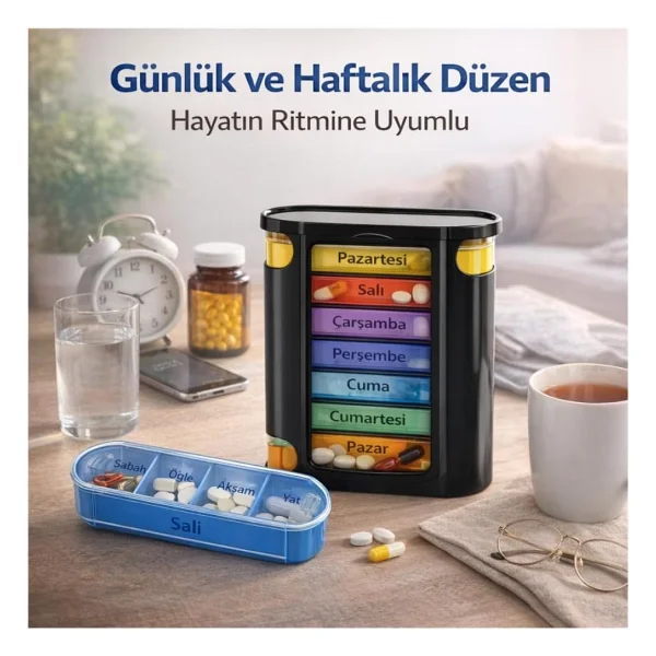 Coofbe Bpa İçermez Haftalık İlaç Saklama Kutusu 4 Bölmeli 28 Gözlü Kilitli Kapaklı Hap İlaç Kutusu Siyah - Görsel 3