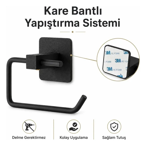Alper Banyo Yapışkanlı Siyah Kare Açık Tuvalet Kağıtlığı Wc Kağıtlık Tuvalet Kağıdı Askısı - Görsel 4