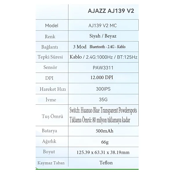 Ajazz Aj139 V2 MC Siyah Şarjlı Optik Kablolu/Kablosuz Oyuncu Mouse - Görsel 8